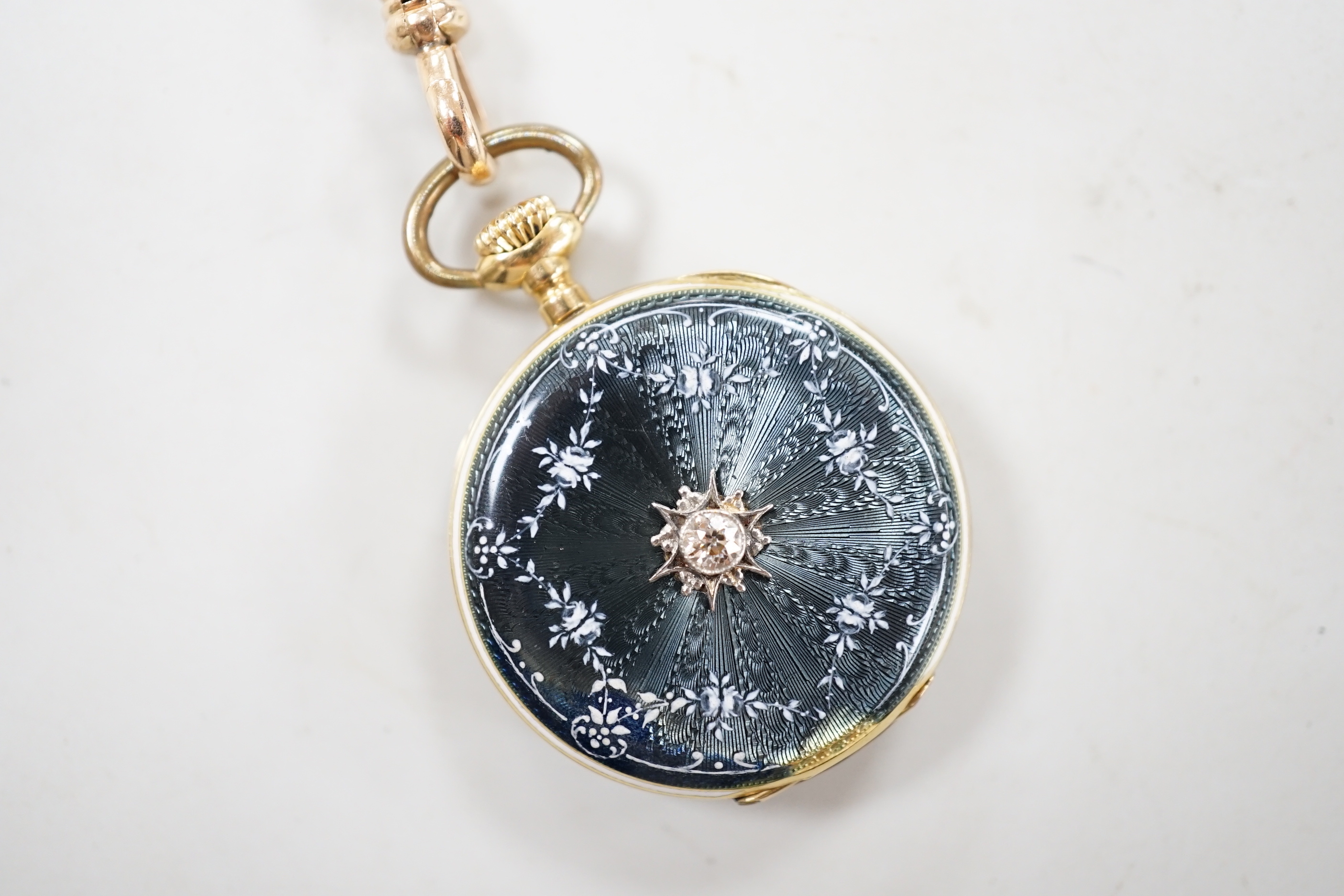 An 18ct gold, two colour enamel and diamond set open face fob watch, on a similar 9ct and enamel albertina, 56cm, gross weight 29.1 grams.
